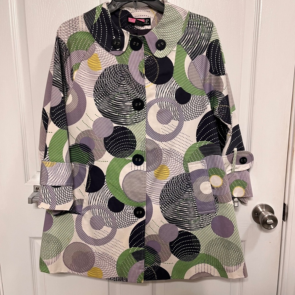 Say What Women Small Geometric Circle Print Swing Coat Retro Green Navy Jacket